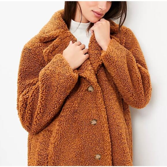 LOFT Faux Sherpa Teddy Camel Long Coat Size Medium - Picture 9 of 10